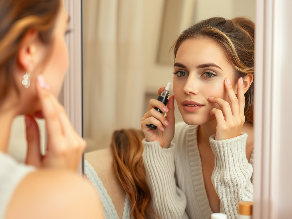 A young woman applies skincare in front of a mirror, holding a bottle and gently touching her face.