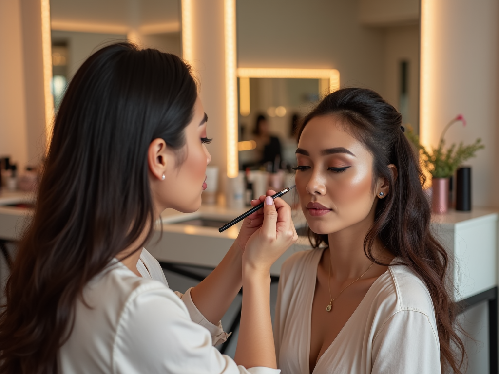 Makeup artist applying cosmetics to a woman in a well-lit salon.