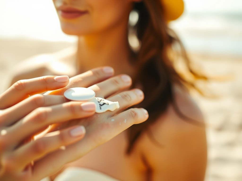 A woman applies sunscreen on her hand while enjoying a sunny day at the beach, holding a bottle in her other hand.