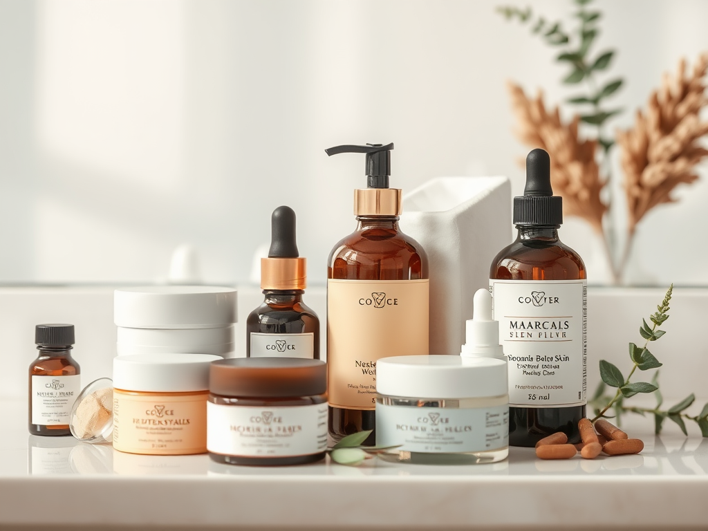 A collection of skincare products on a countertop, featuring various bottles and jars in an aesthetically pleasing arrangement.