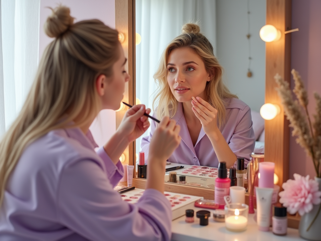 Woman applying makeup in front of a mirror, surrounded by cosmetic products.