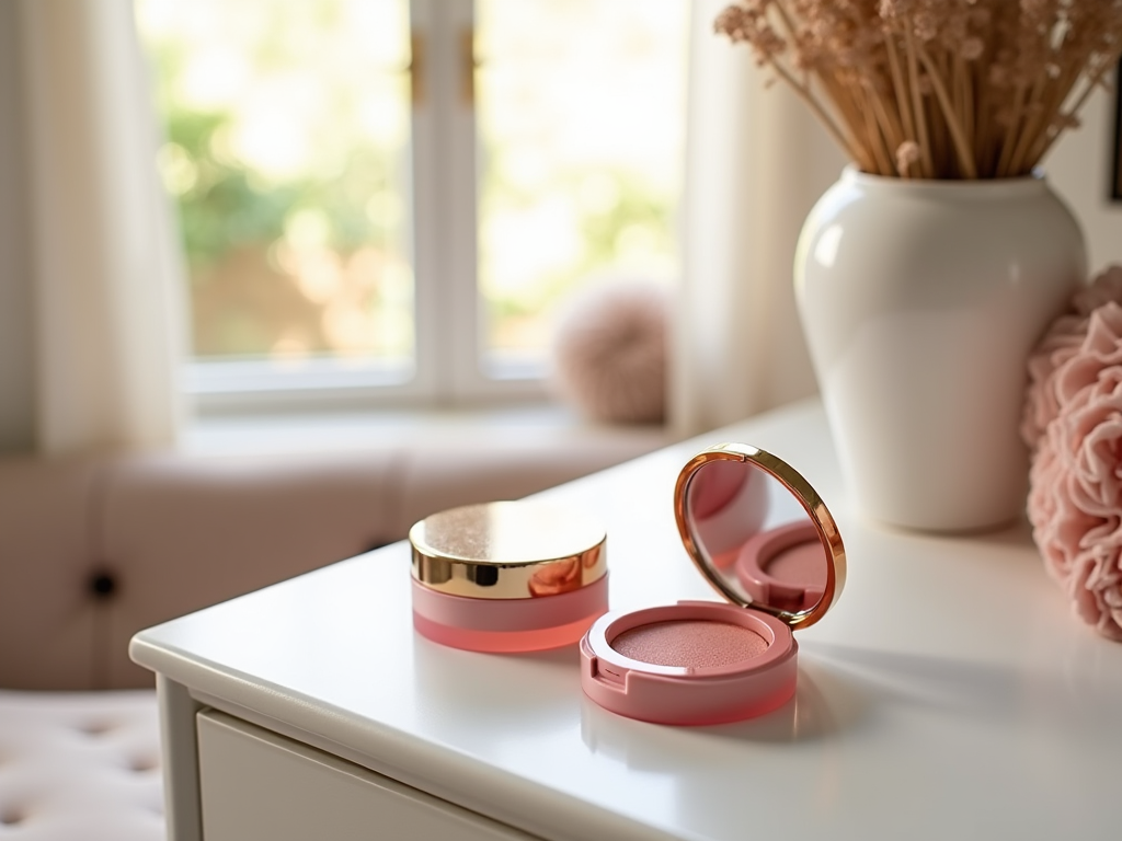 Compact makeup powder on a white table, with a blurred vase and flowers in the background.