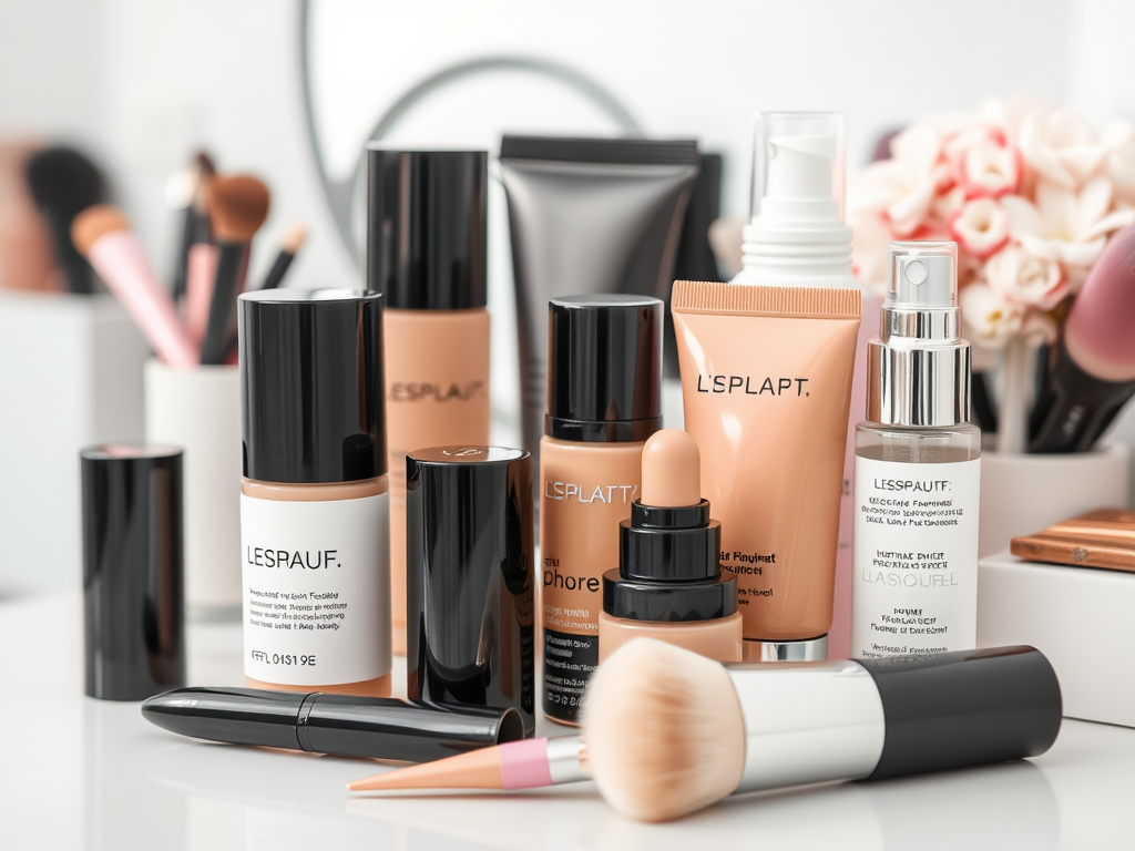 A collection of various makeup products, including foundations, primers, and skincare, arranged on a vanity surface.