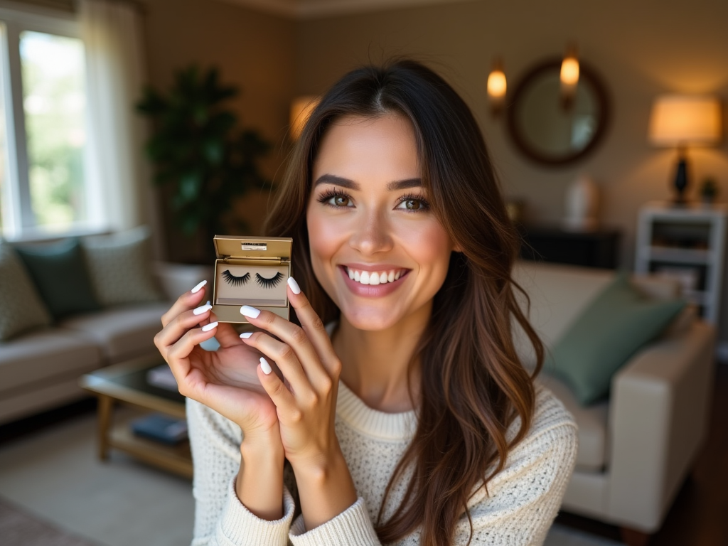 Young woman smiling, holding a box of false eyelashes in a cozy living room.