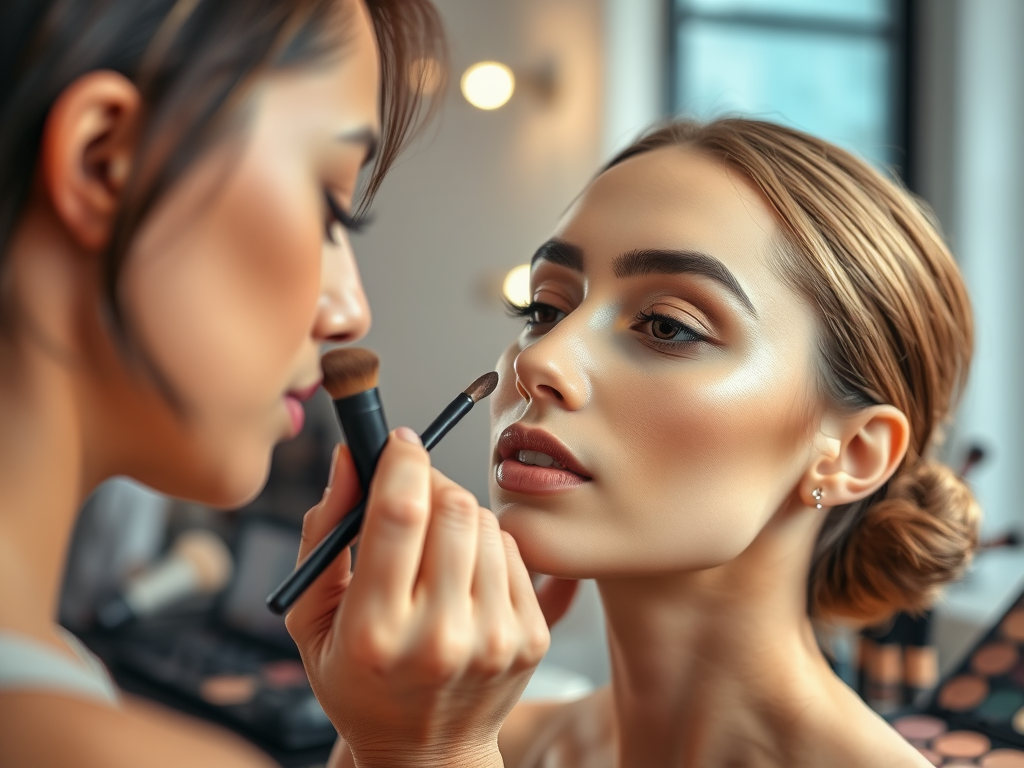 A makeup artist applies makeup to a woman, highlighting her features in a bright, modern setting.