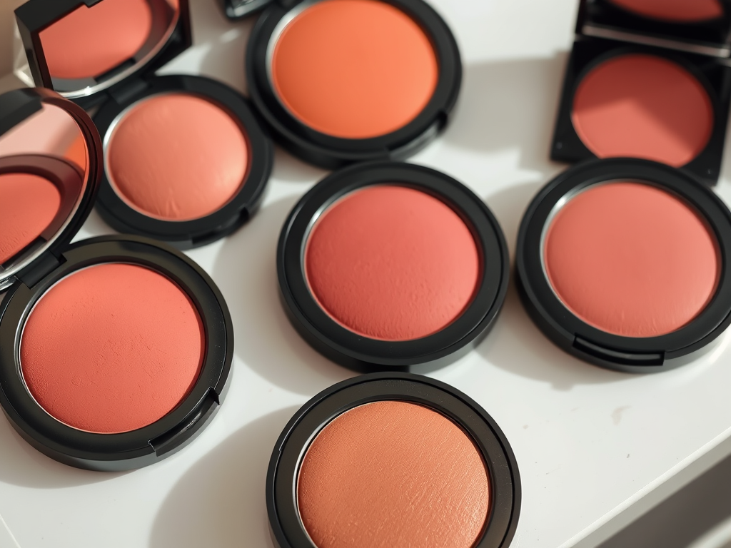 A collection of various round blush compacts in shades of pink and orange arranged on a white surface.