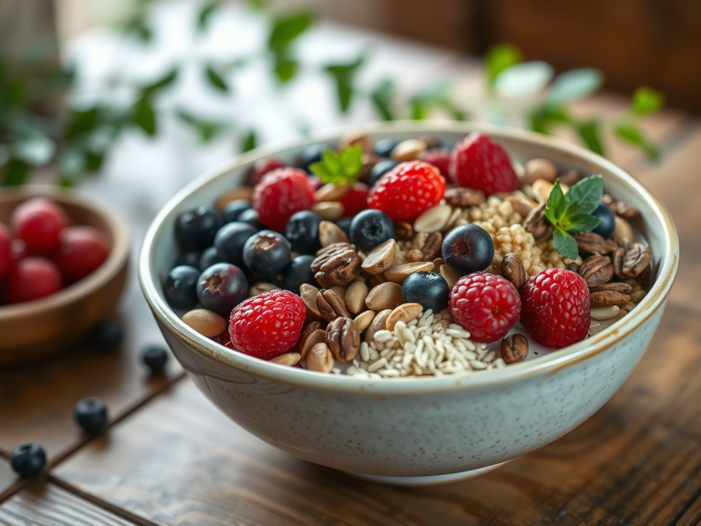 A bowl of mixed berries, nuts, and grains sits on a wooden table, surrounded by greenery.