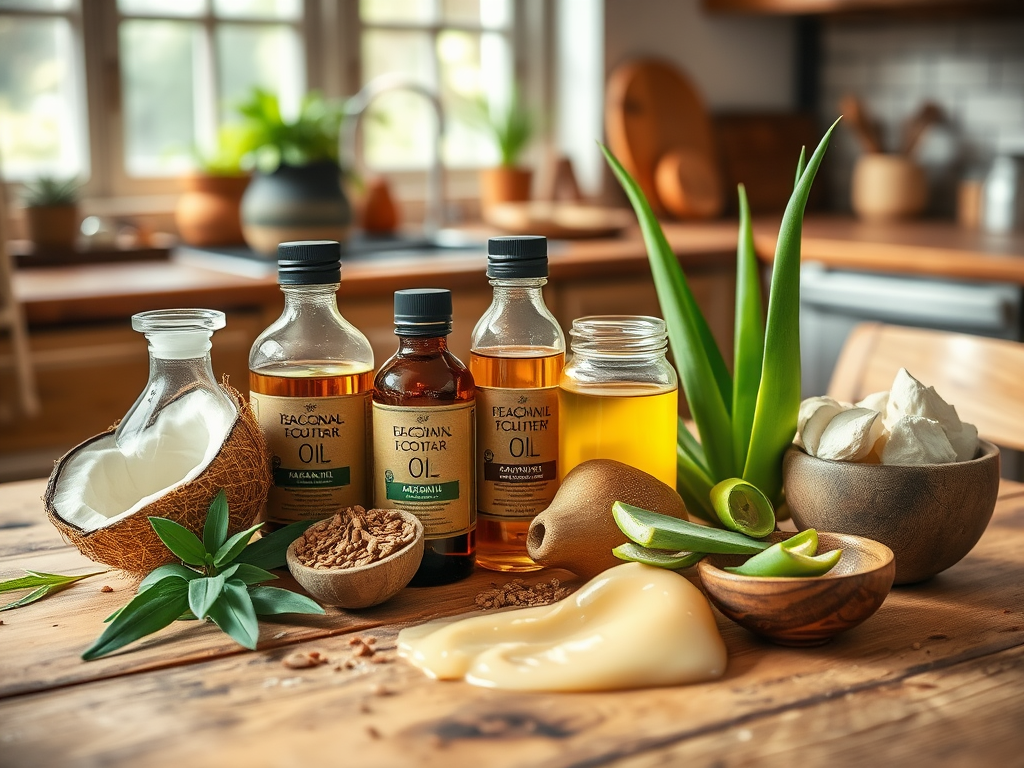 A variety of oils and natural ingredients displayed on a wooden table in a cozy kitchen setting.