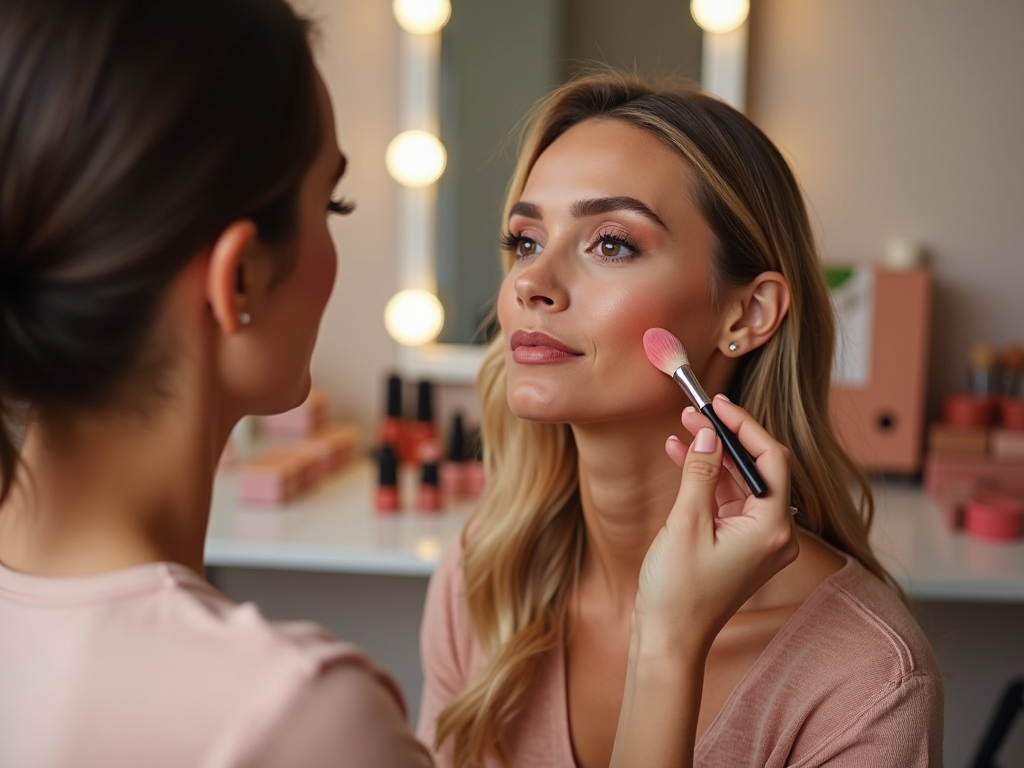 Makeup artist applying blush on a woman in a brightly lit room with mirrors.