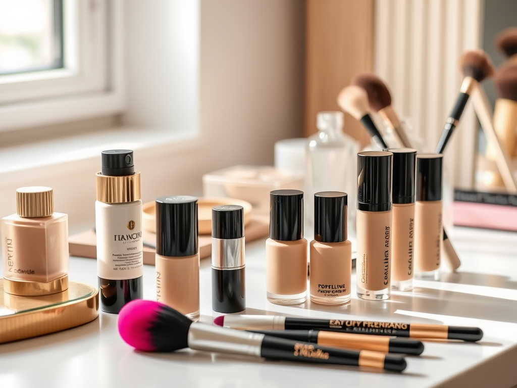 An elegant arrangement of various foundation bottles, makeup brushes, and tools on a bright vanity.