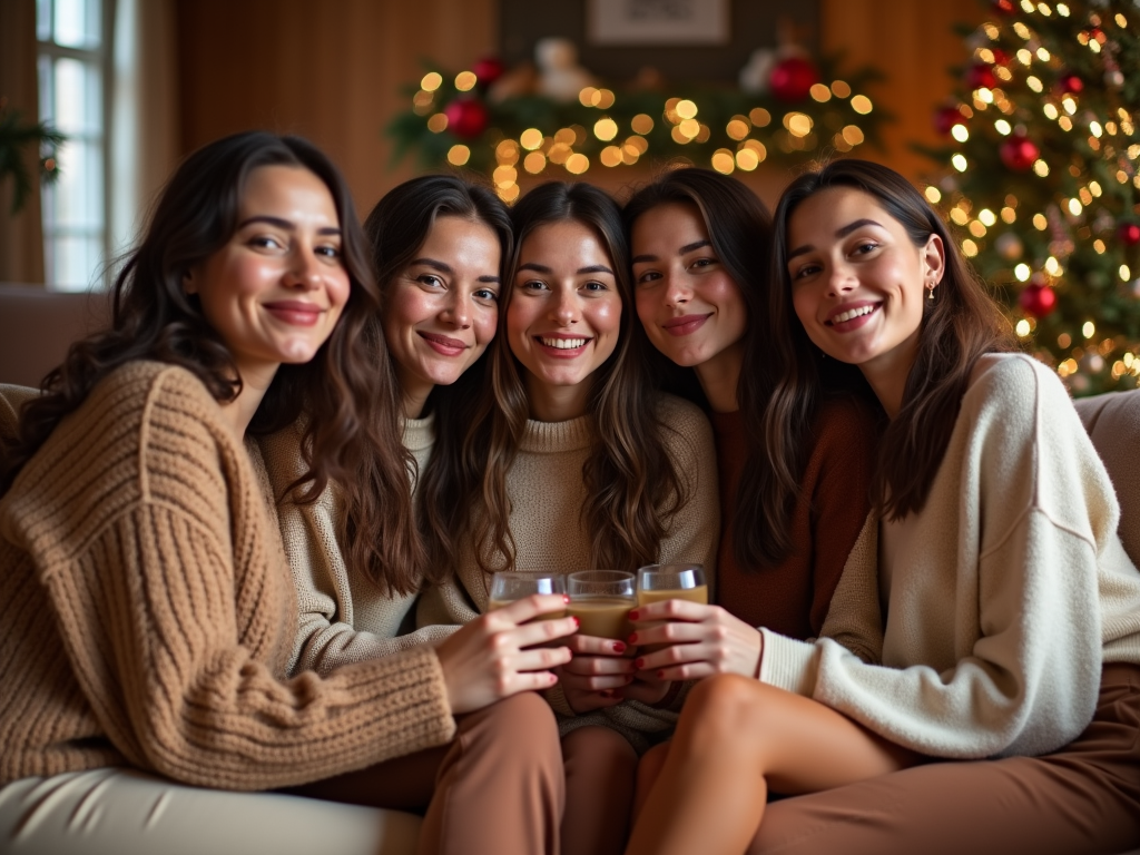 Five women smiling, holding drinks, sitting together with a Christmas tree in the background.