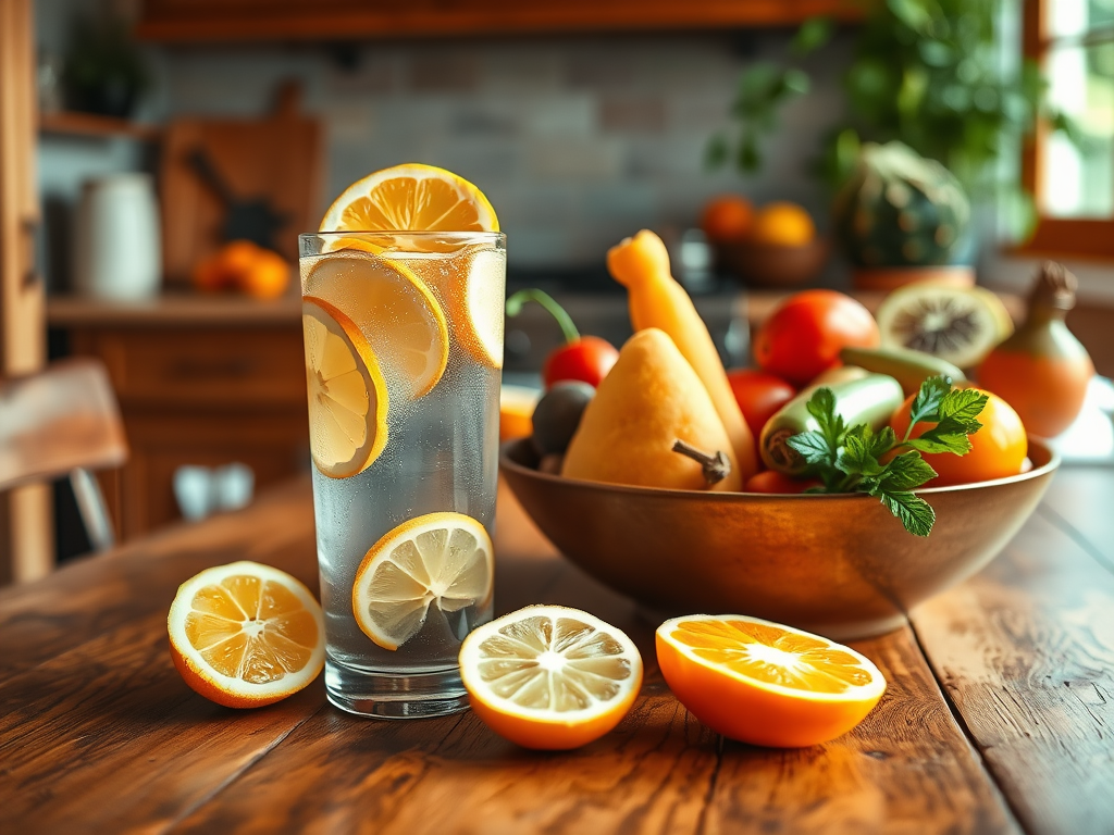 A glass of lemon-infused water surrounded by fresh fruits on a wooden table, with a cozy kitchen backdrop.