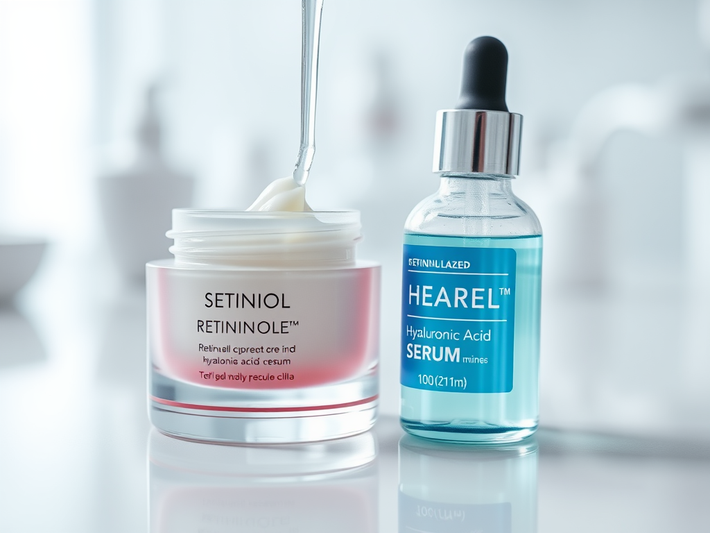 A jar of SETINIOL retinol cream and a dropper bottle of HEAREL hyaluronic acid serum on a light background.