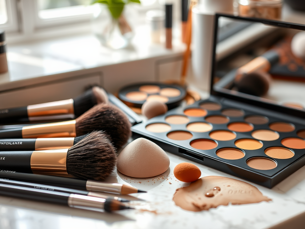 A selection of makeup brushes, sponges, and a palette with various foundation shades arranged on a table.