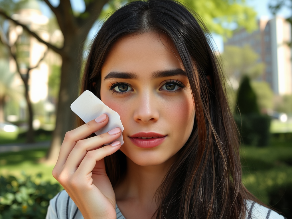 A young woman with long dark hair holds a small white object to her face, smiling softly in a sunny outdoor setting.