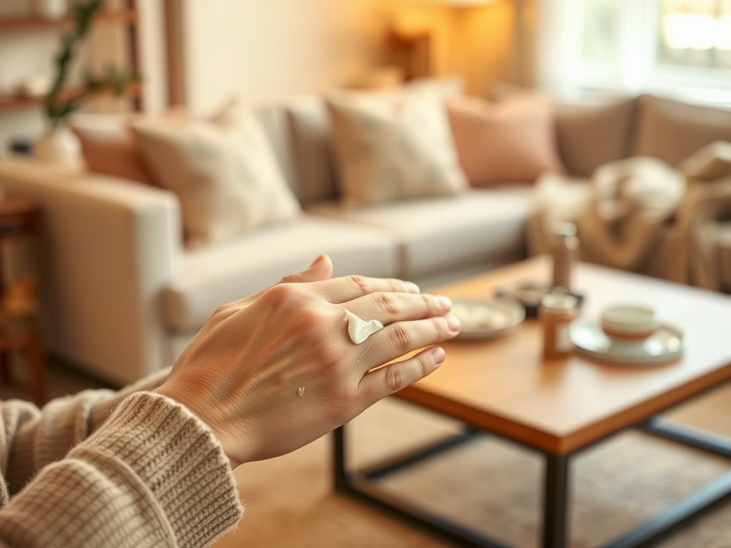 A hand with cream on the fingers is shown, with a cozy living room and coffee table in the background.