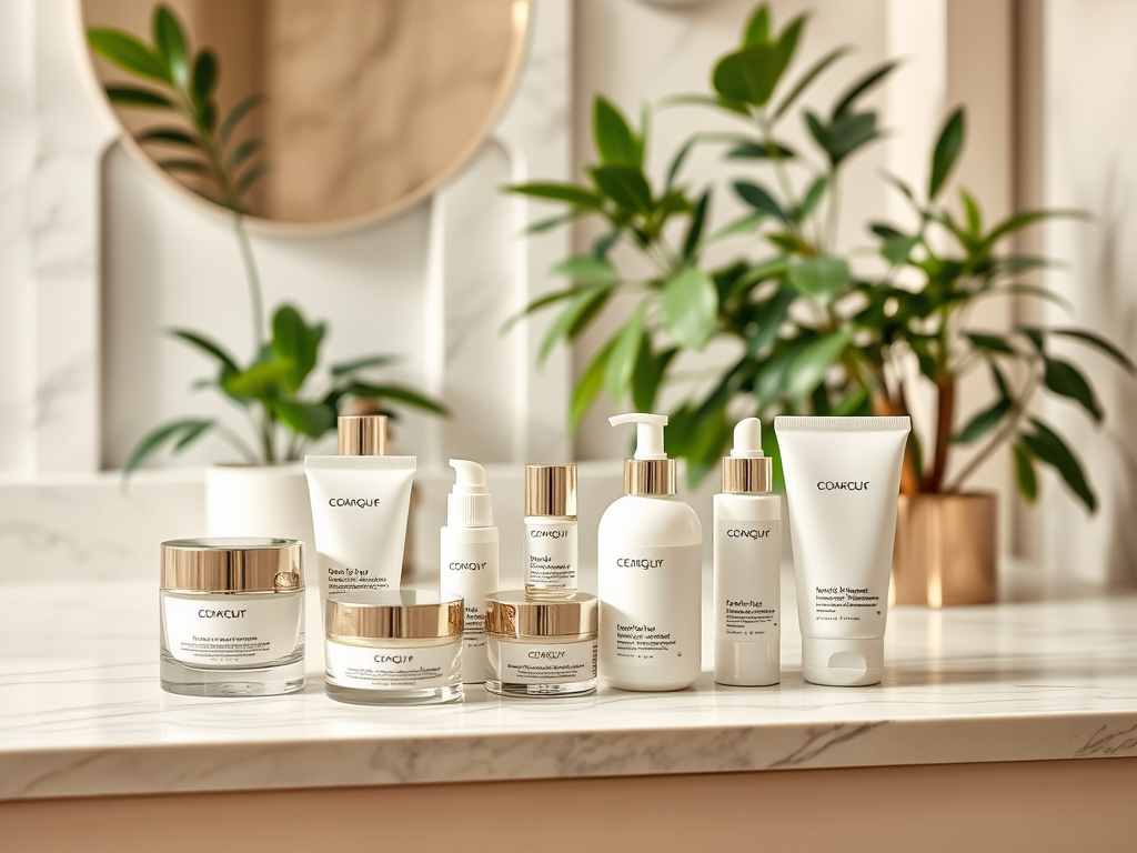 A variety of skincare products arranged on a marble countertop with greenery in the background and a round mirror.