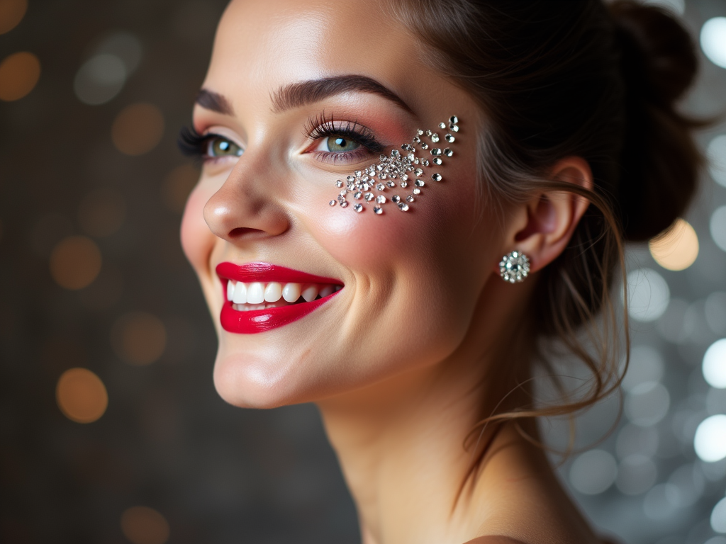 Woman with bright smile, red lipstick, and decorative crystals on her face against a bokeh background.