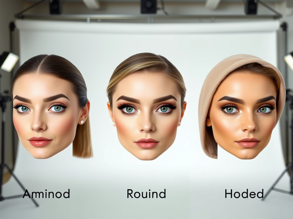 Three female faces showcasing different eye shapes: Aminod, Round, and Hooded, with beauty lighting.