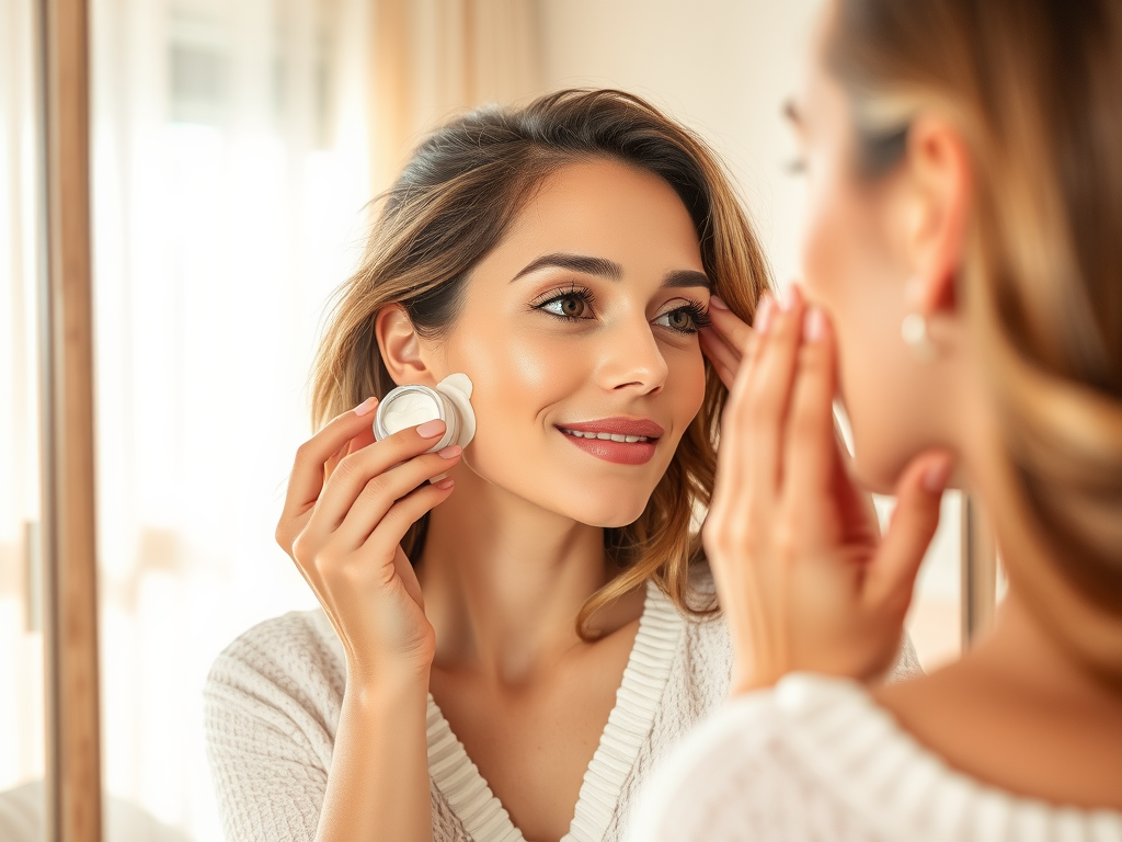 A woman applying skincare looks at herself in a mirror, smiling and holding a small jar of cream.