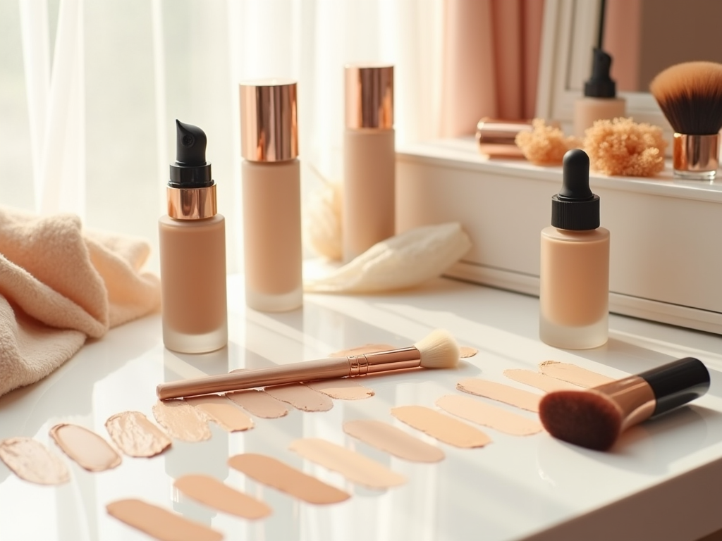 Foundations and makeup brushes on a white table near a bright window with soft lighting.