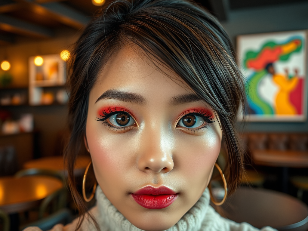 A close-up of a woman with striking makeup, featuring bold red eyeshadow and lip color, set in a cozy café.