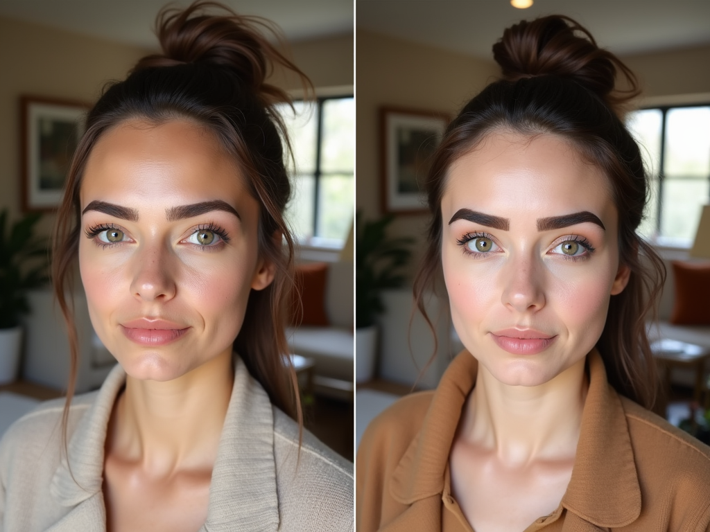 Woman with a top bun smiling gently in two home settings, wearing beige and brown tops.