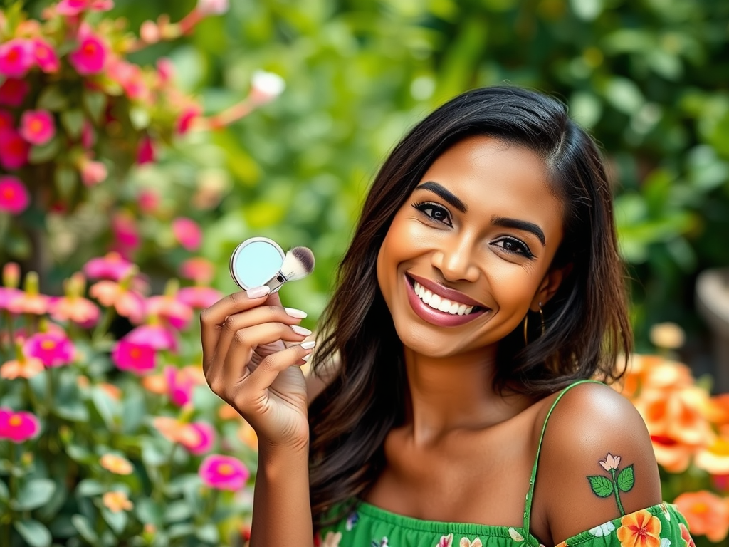 A smiling woman with a floral background holds a compact mirror and makeup brush, wearing a green outfit.