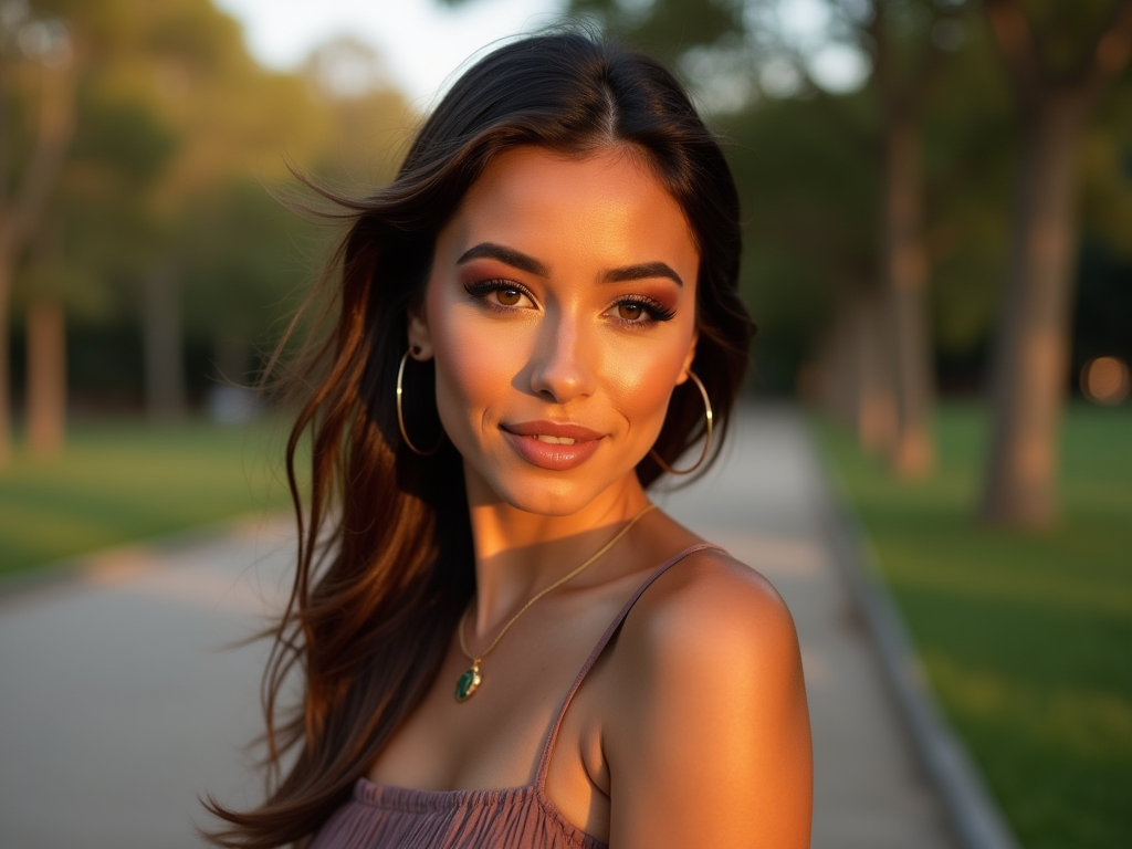 Woman with long hair and earrings smiles in sunset-lit park.