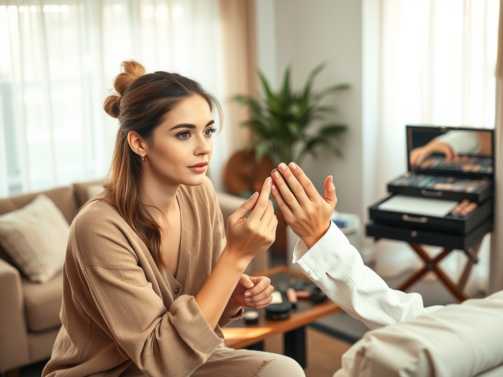 A woman in a cozy room gazes at a hand, hinting at a makeup application while soft natural light fills the space.