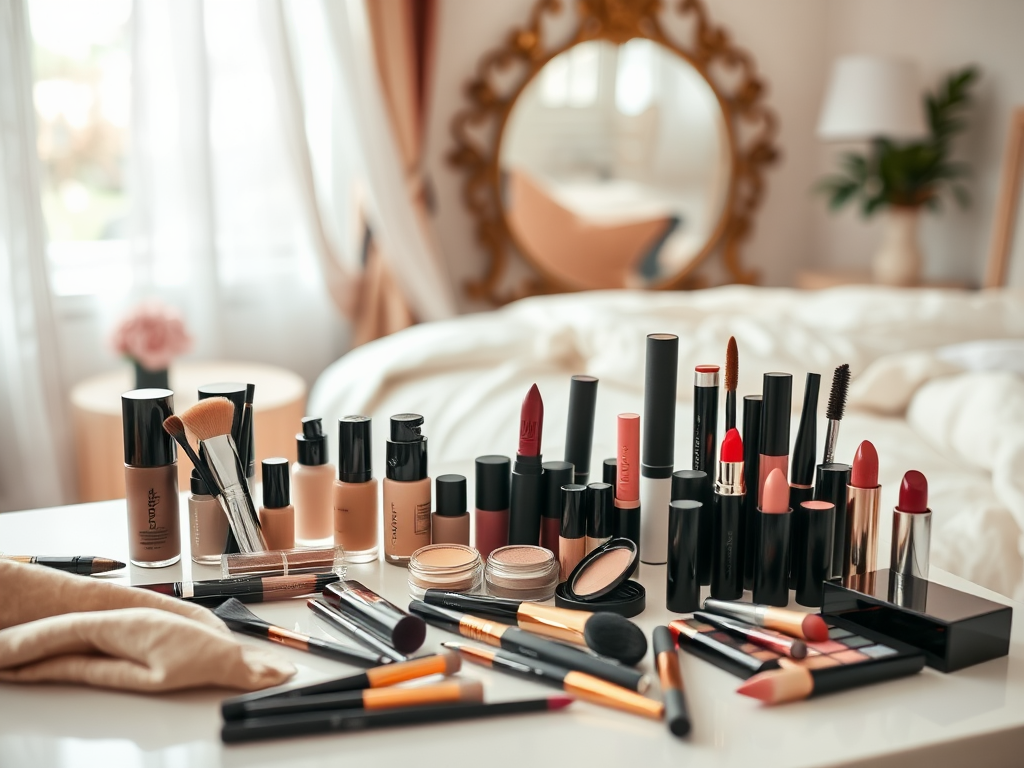 A variety of makeup products including foundations, lipsticks, and brushes arranged on a table in a bright room.