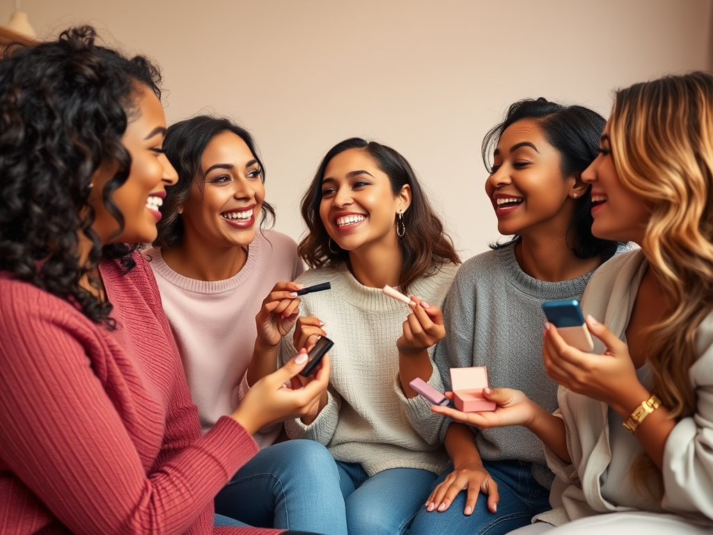 A group of five smiling women enjoying a fun makeup session together, sharing products and laughter.