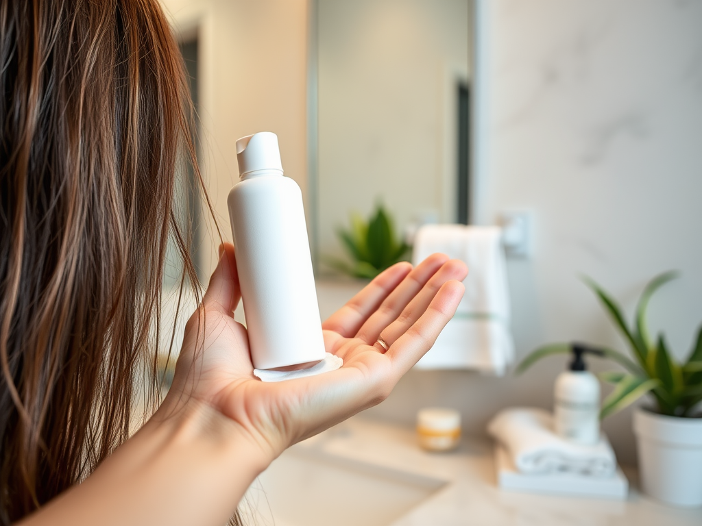 A person holds a white bottle in their hand in a well-lit bathroom with plants and neatly arranged towels.