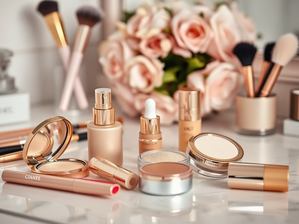 A variety of cosmetics, including foundations, powders, and brushes, arranged elegantly beside pink roses.
