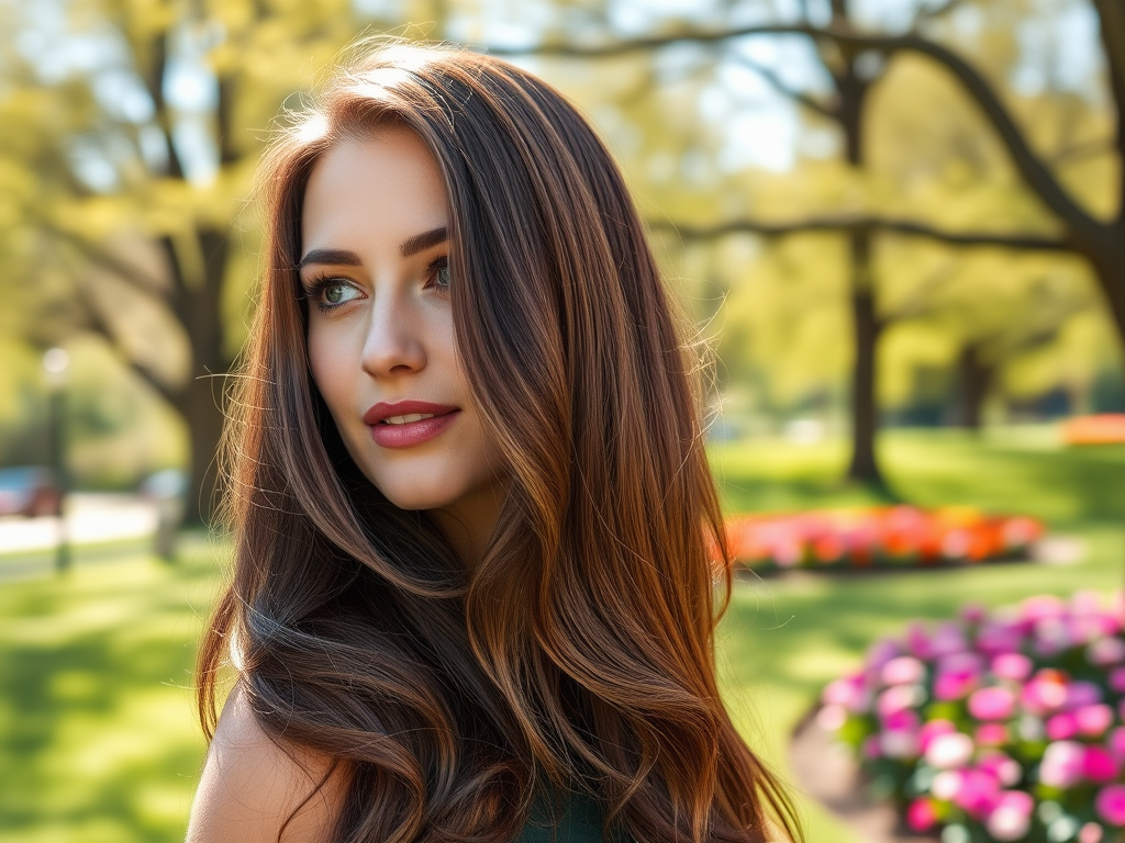 A young woman with long, wavy hair smiles softly in a sunny park filled with colorful flowers.