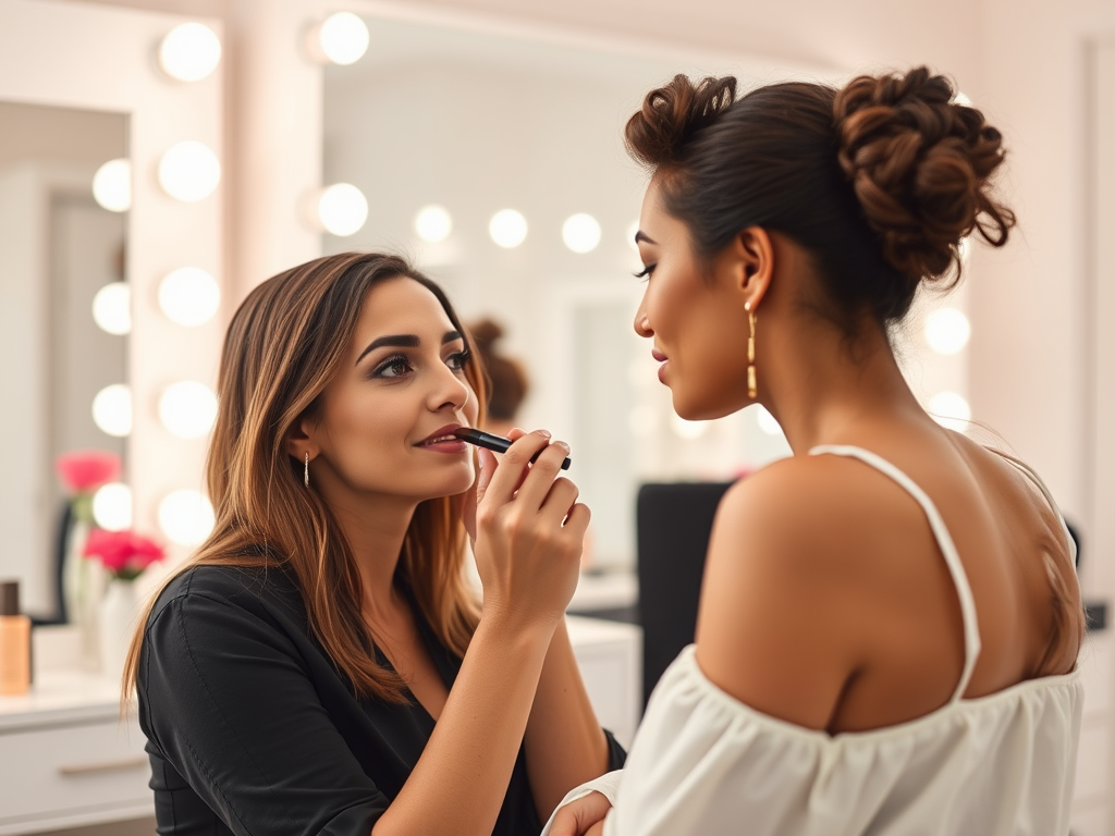 A makeup artist applies lipstick to a woman's lips in a bright, elegant beauty studio.