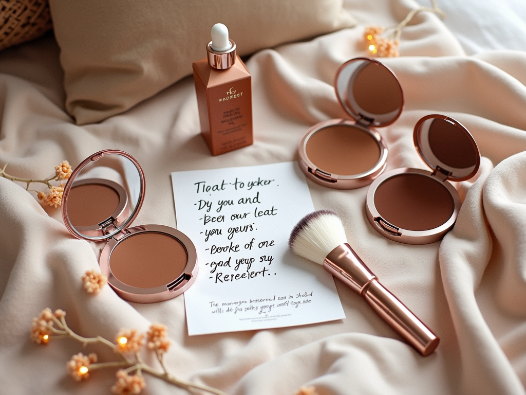 Cosmetic products on a bed with pillows, including a brush and makeup compact.