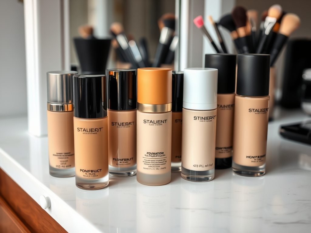 A collection of foundation bottles on a white countertop, with makeup brushes and a mirror in the background.