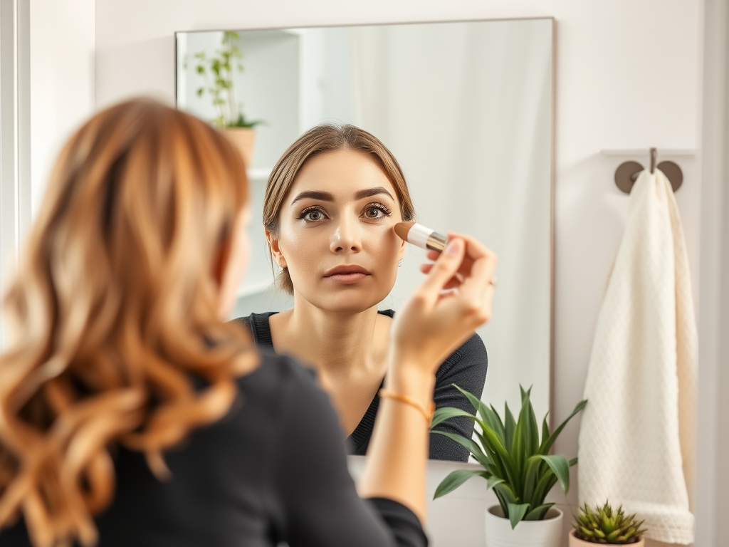 A woman applies makeup in front of a bathroom mirror, surrounded by indoor plants and a towel.