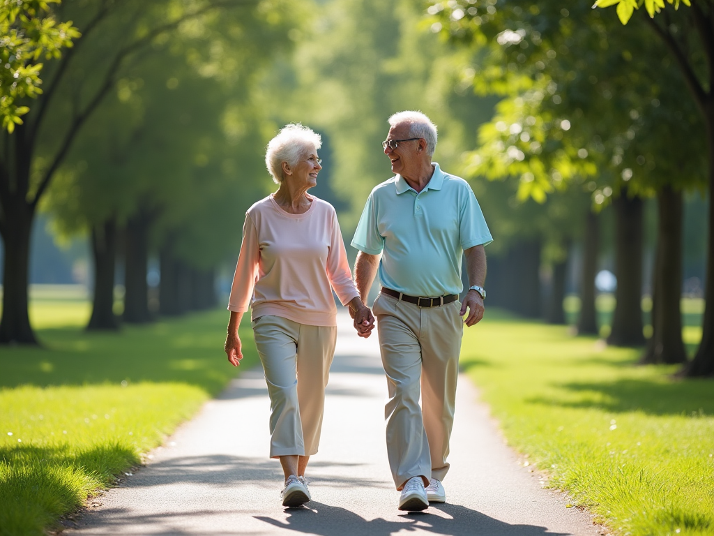 Elderly couple holding hands and walking down a sunny park pathway lined with trees.