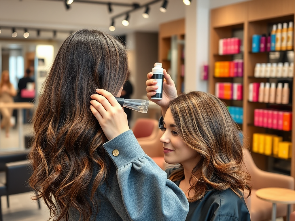 A hairstylist applies product to a client's hair in a modern salon filled with colorful product displays.