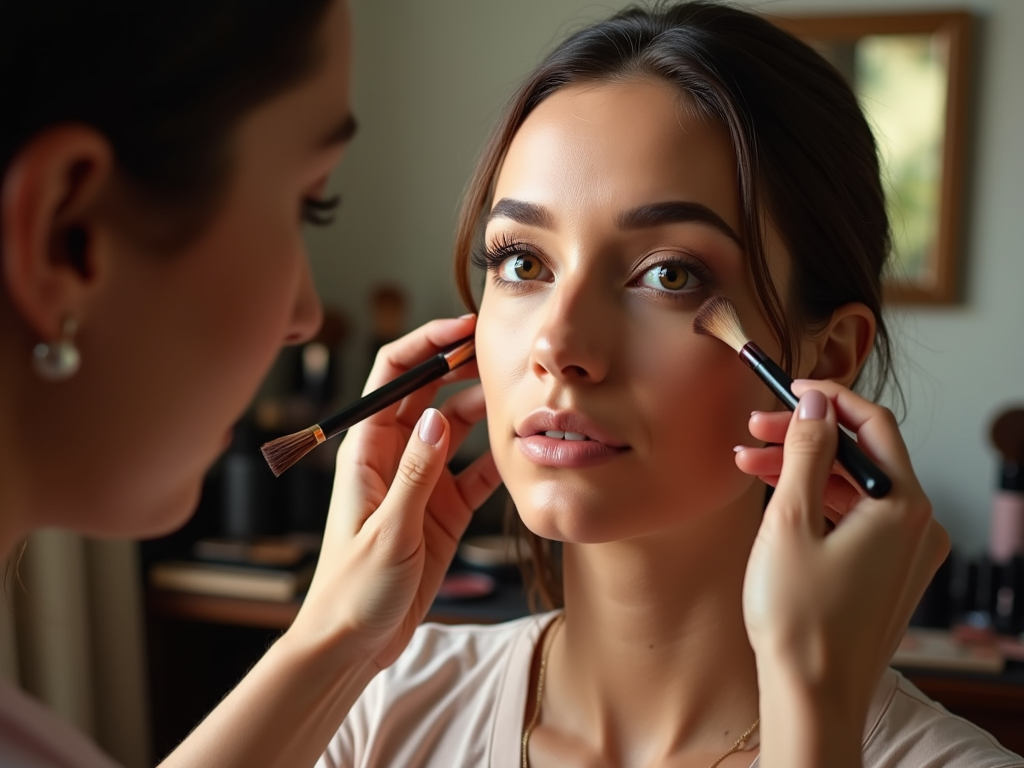 Makeup artist applying cosmetics on a young woman's face in a well-lit room.