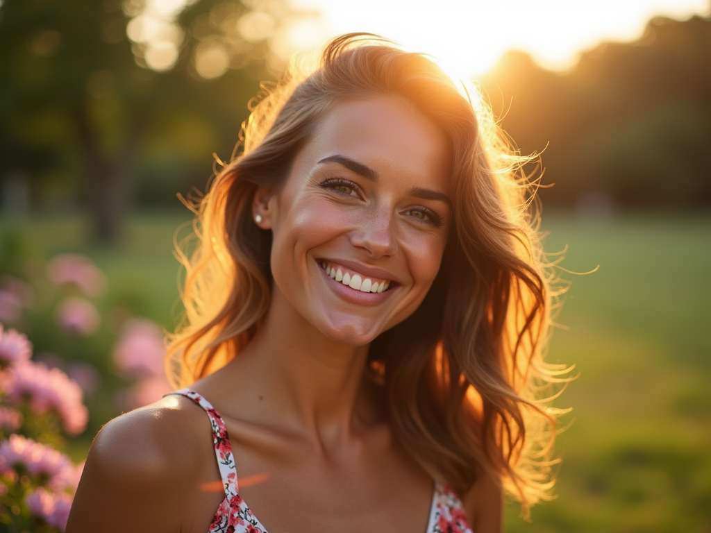 Smiling woman in a floral top enjoying sunset in a garden.