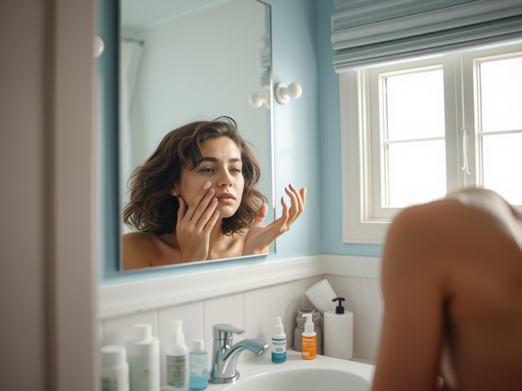 A woman examines her skin in a bathroom mirror, surrounded by skincare products and natural light.