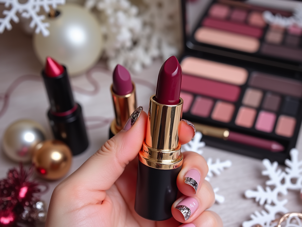 Hand holding a red lipstick with other makeup items and holiday decorations around.