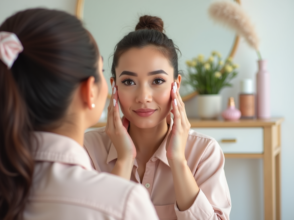 Woman in pink shirt touching her face and looking at her reflection in a mirror, with cosmetics on a dresser.