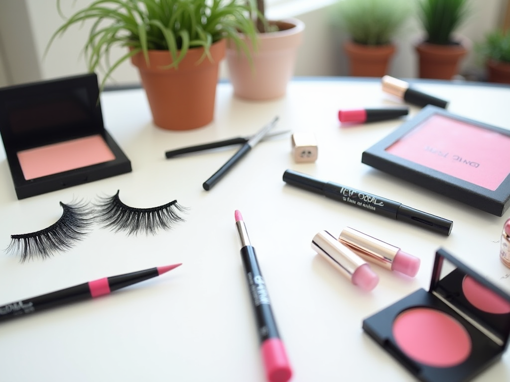 Assorted makeup items and houseplants on a white desk.