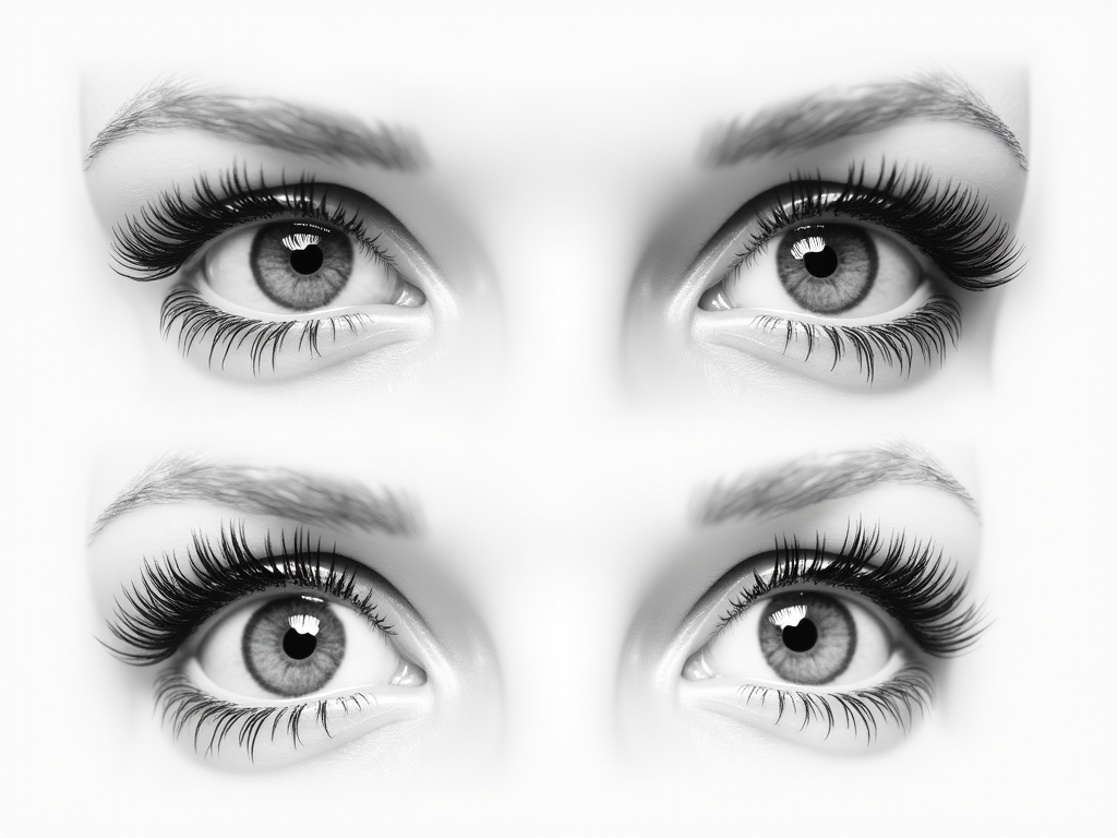 Four detailed eyes in grayscale with prominent lashes and reflections.