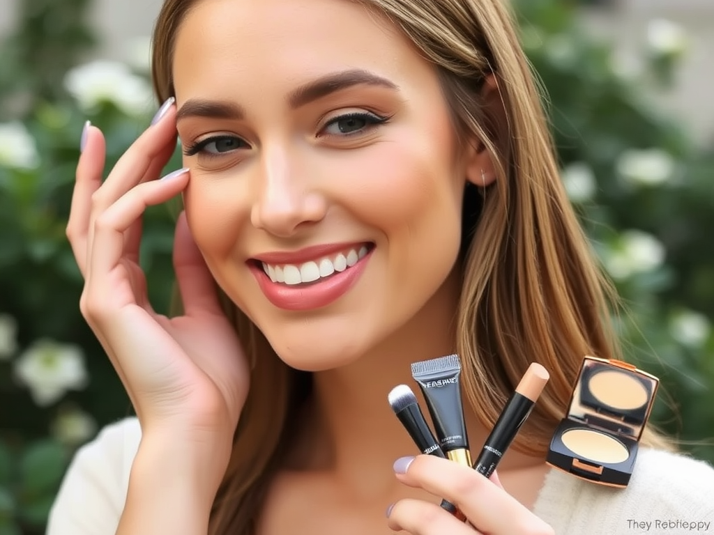 A smiling woman holds makeup products in a garden, showcasing her beauty routine with a natural look.