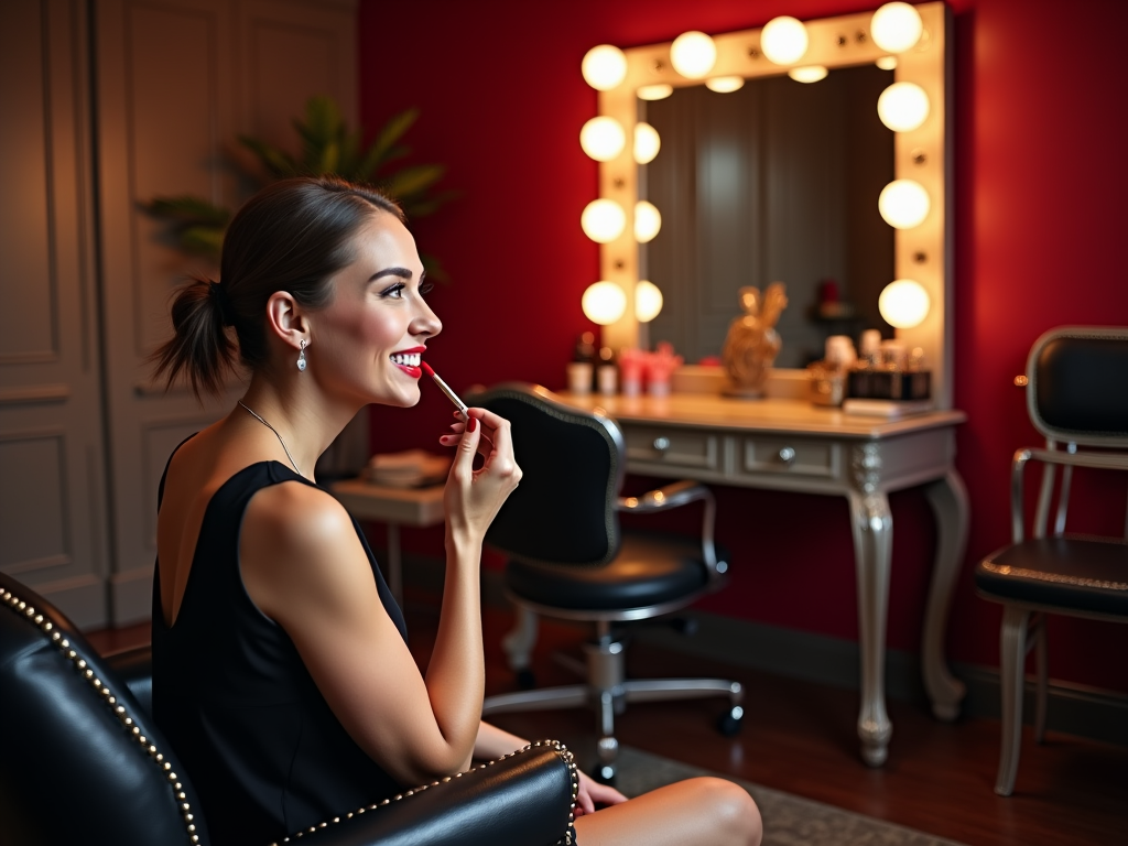 Woman applying lipstick in front of a lit vanity mirror in a stylish red room.